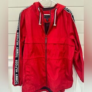 Tommy Hilfiger Red Hooded Windbreaker with Logo Tape